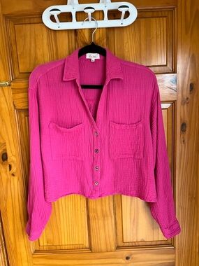 Love Notes Hot Pink Button-Front Cropped Shirt